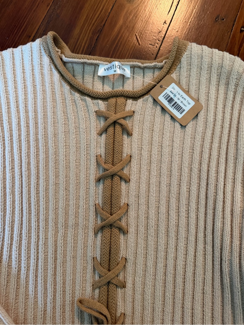 vestique Cream Ribbed Lace-Up Cropped Sweater - Picture 2 of 2